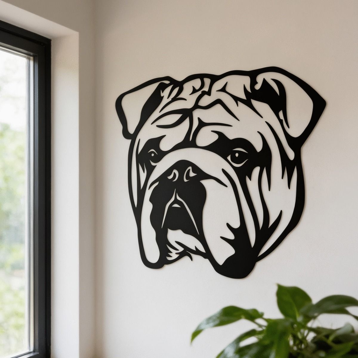 The Bulldog Steel Wall Art next to a Well Lit Window in a Modern Home - Digital Illustration