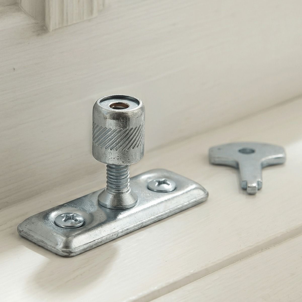 The Casement Stay Locking Pin in Front of a Wooden Window Frame in a Country Home in a Zinc Plated Finish - Digital Illustration 
