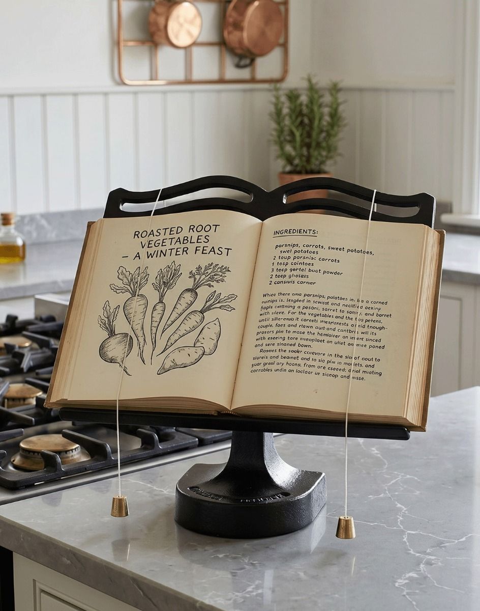 The Cast Iron Cook Book Stand in a Black Finish on a Modern Kitchen Countertop - Digital Illustration
