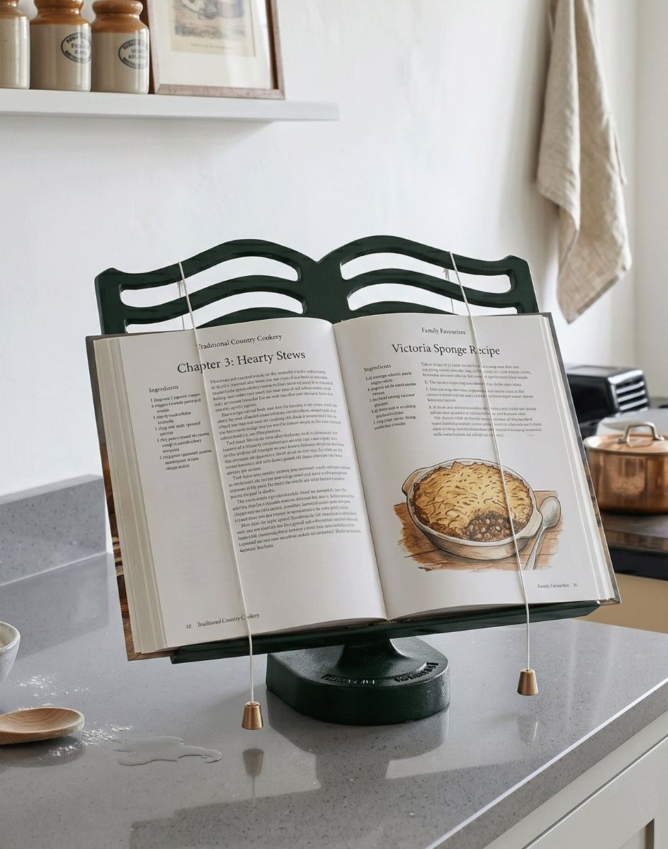 The Cast Iron Cook Book Stand in Green Holding a Recipe Book in a Decorative Kitchen - Digital Illustration