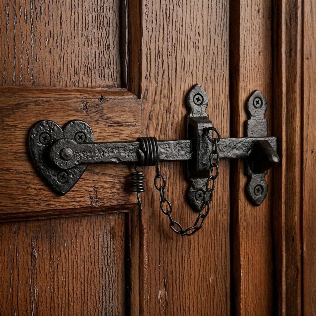 The Cast Iron Thumb Latch & Chain on a Traditional Dark Wooden Door in a Grand Home - Digital Illustration 
