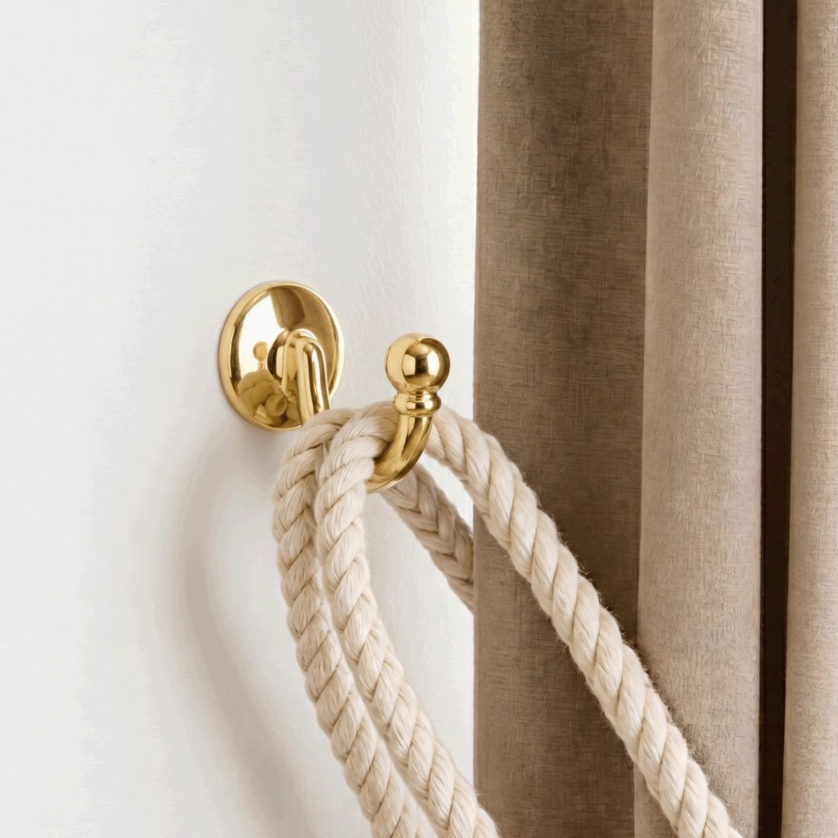 The Cavendish curtain tie-back hook Fixed on a Contemporary Interior Wall Next to a Brown Curtain - Digital Illustration 