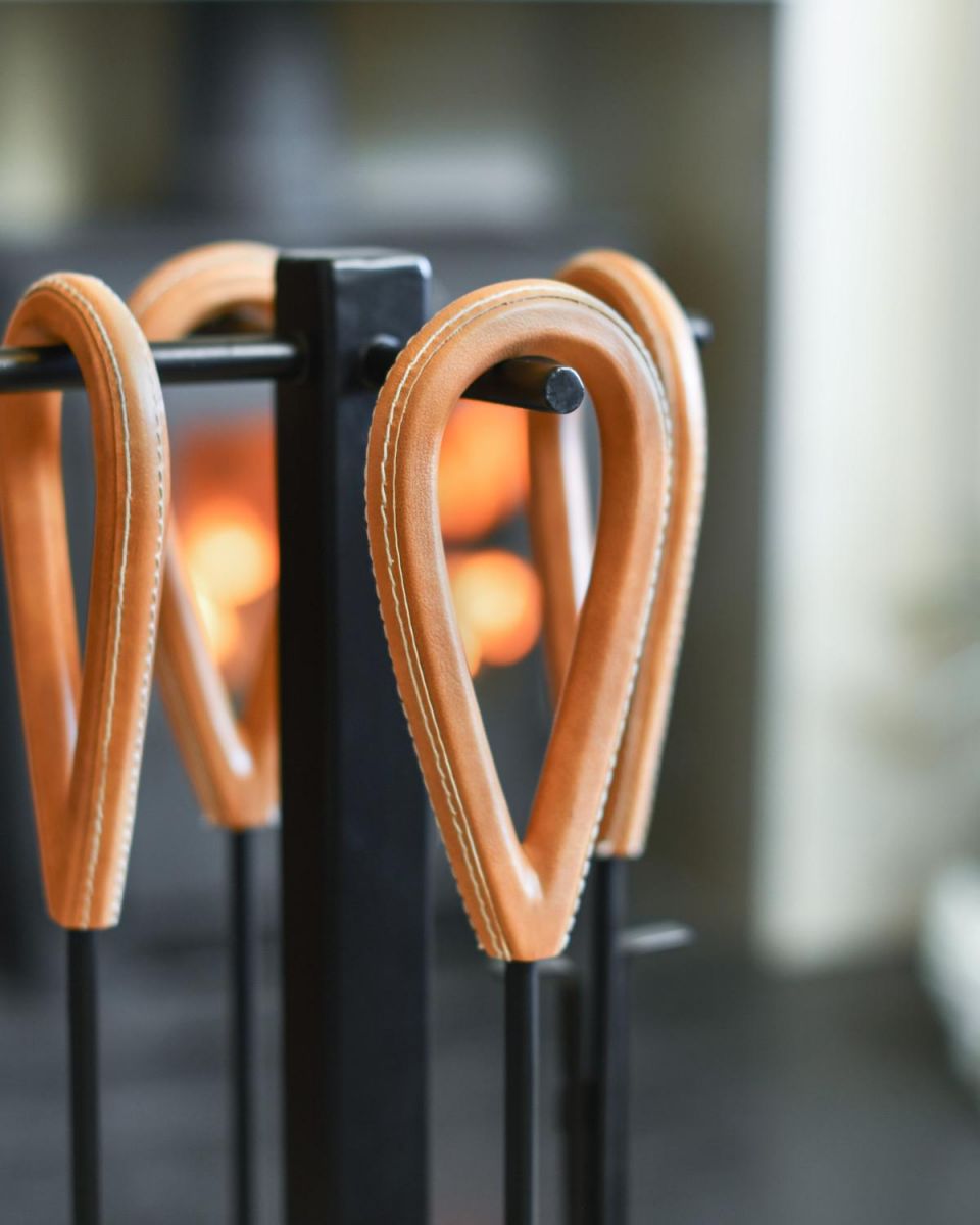 Close Up Of "The Celare" Companion Set With Leather Handles Handle Stitching