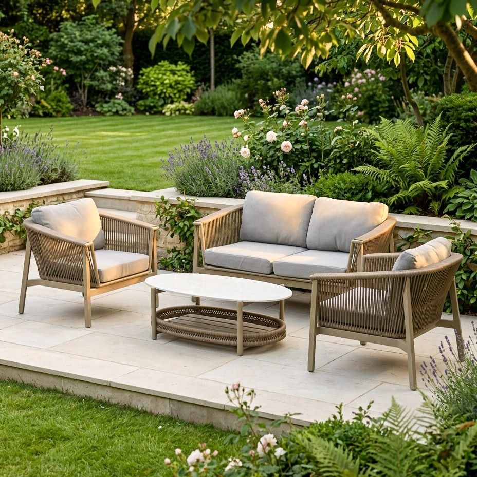 The Champagne "Chester" 4-Seater Outdoor Furniture Set on a Marble Patio Surrounded by Plants - Digital Illustration 