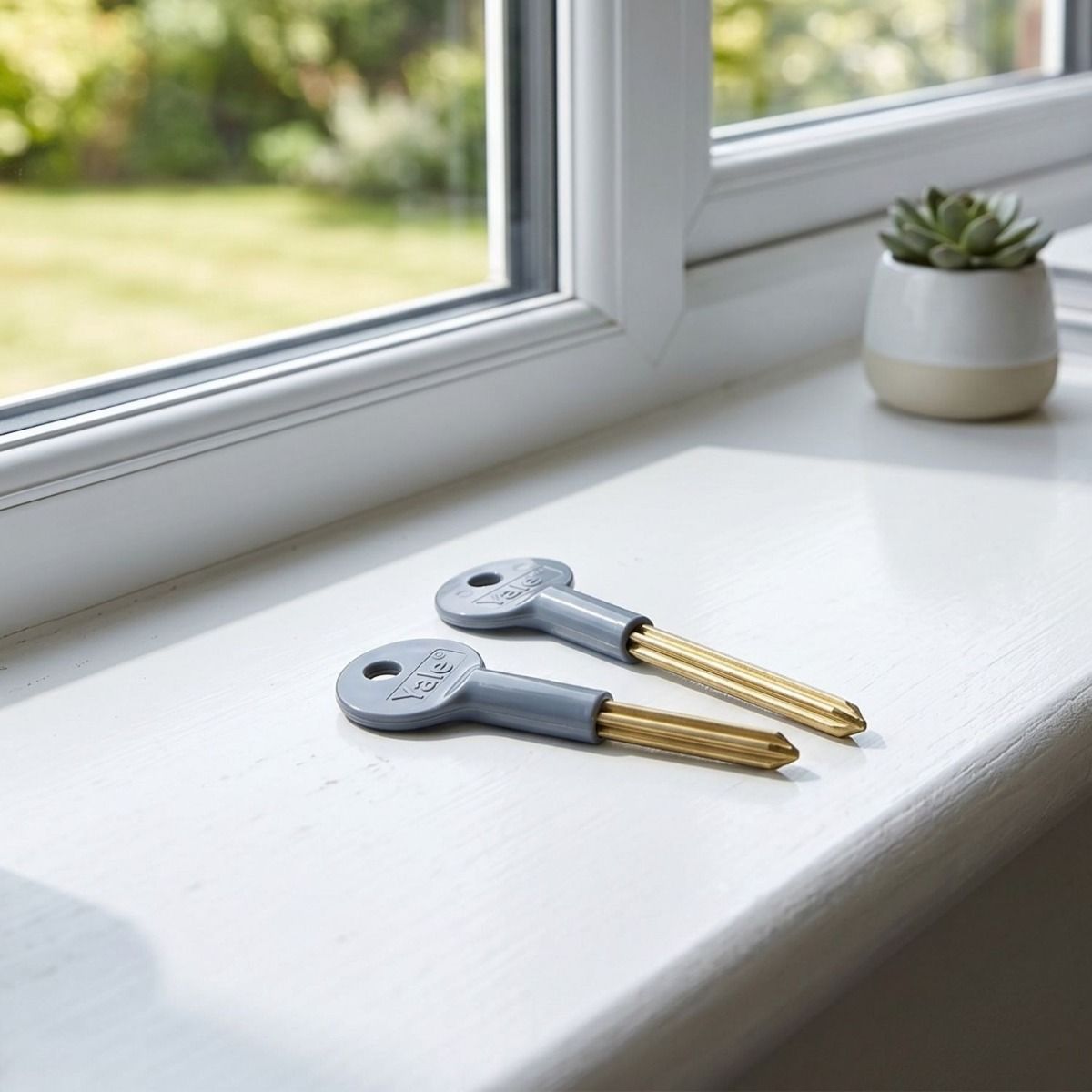The Chubb Security Star Key in Two Sizes on a Sunlit Windowsill - Digital Illustration