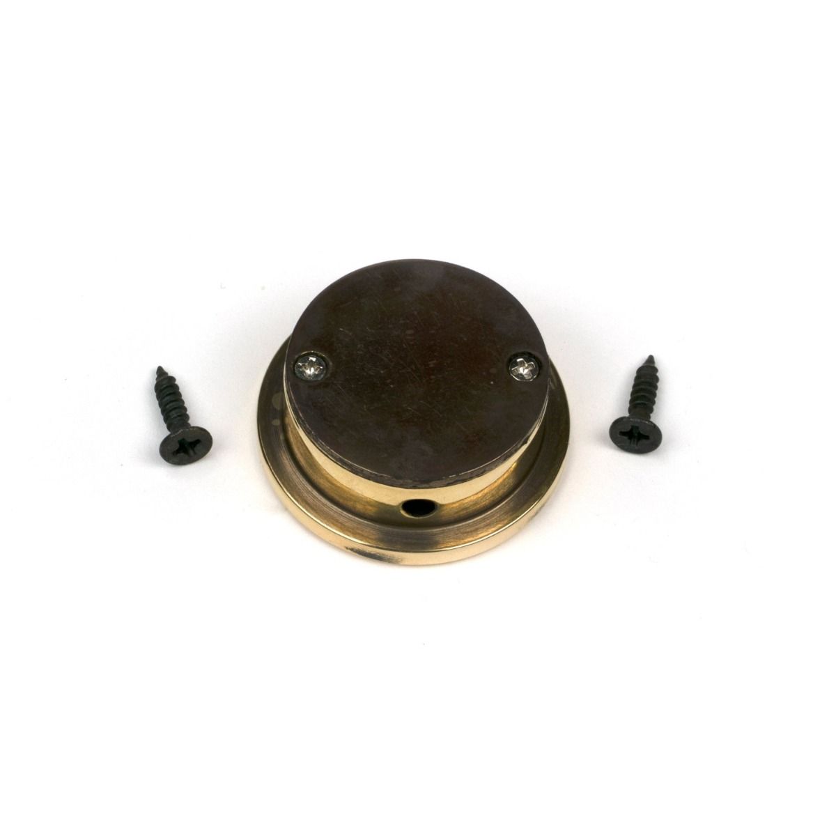 The Circular Pocket Door Edge Pull in Aged Brass Shown from Behind with Screws
