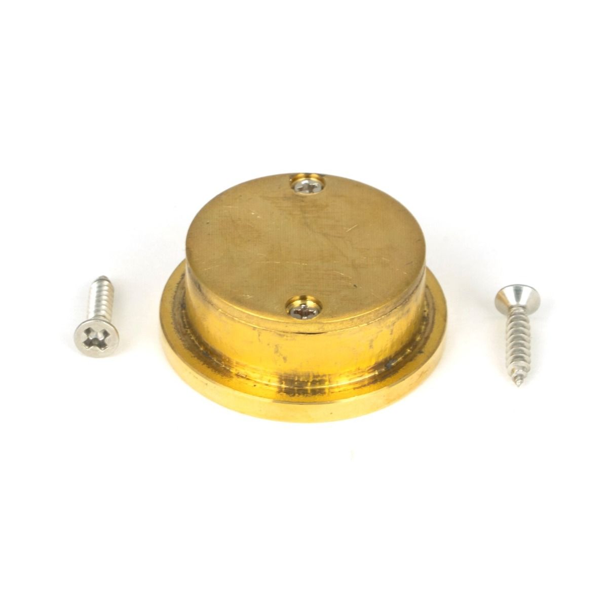 The Circular Pocket Door Edge Pull in Polished Brass Shown from Behind with Supplied Screws