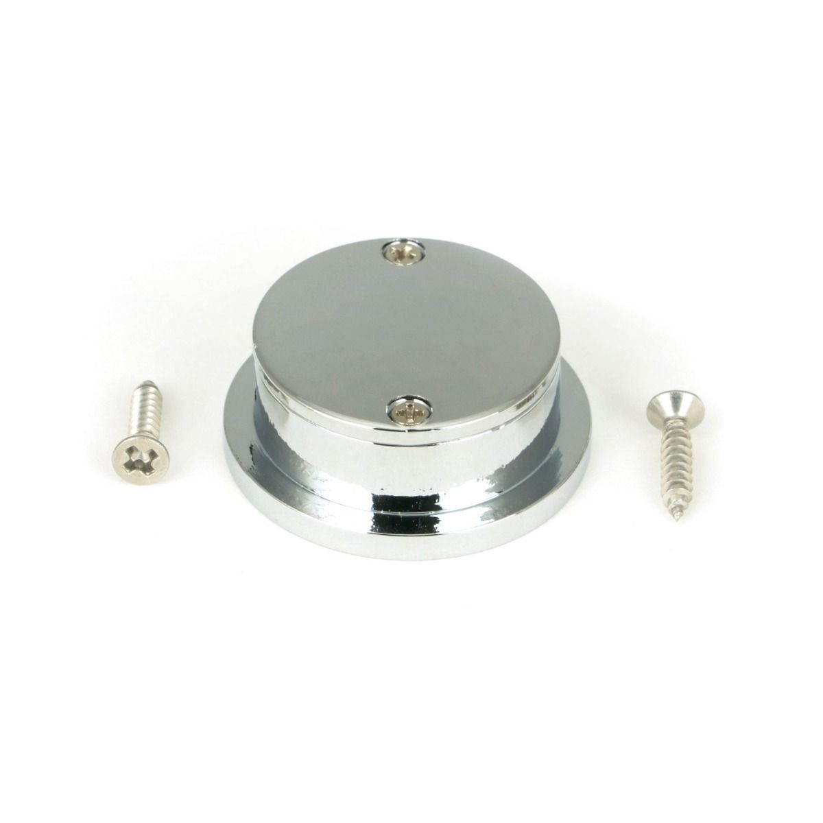 The Circular Pocket Door Edge Pull in Polished Chrome Shown from Behind with Supplied Screws