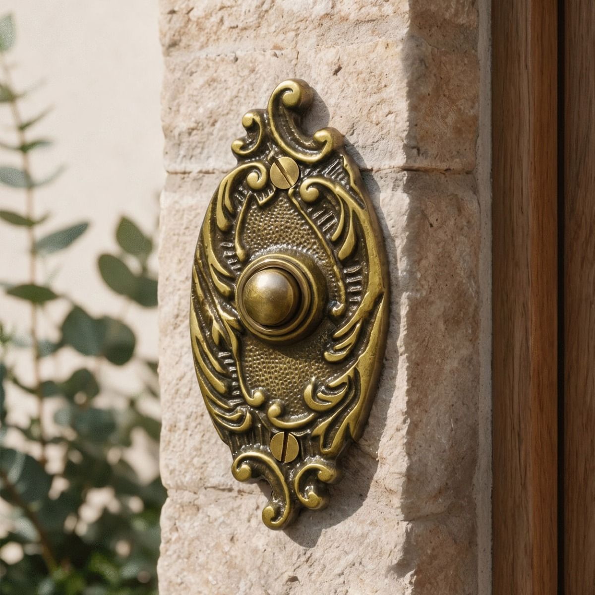 The Clarice Oval Antique Brass Ornate Bell Push next to a Modern Wooden Door on a Stone Brick Wall - Digital Illustration