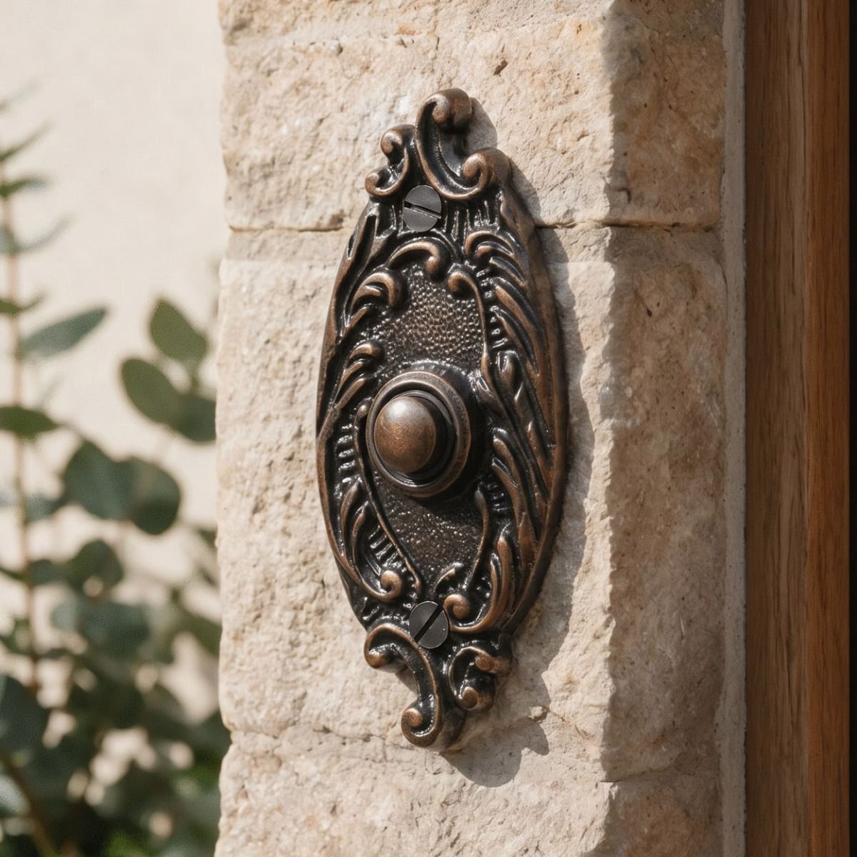 The Clarice Oval Burnished Copper Ornate Bell Push on a White Stone Wall by a Front Door - Digital Illustration
