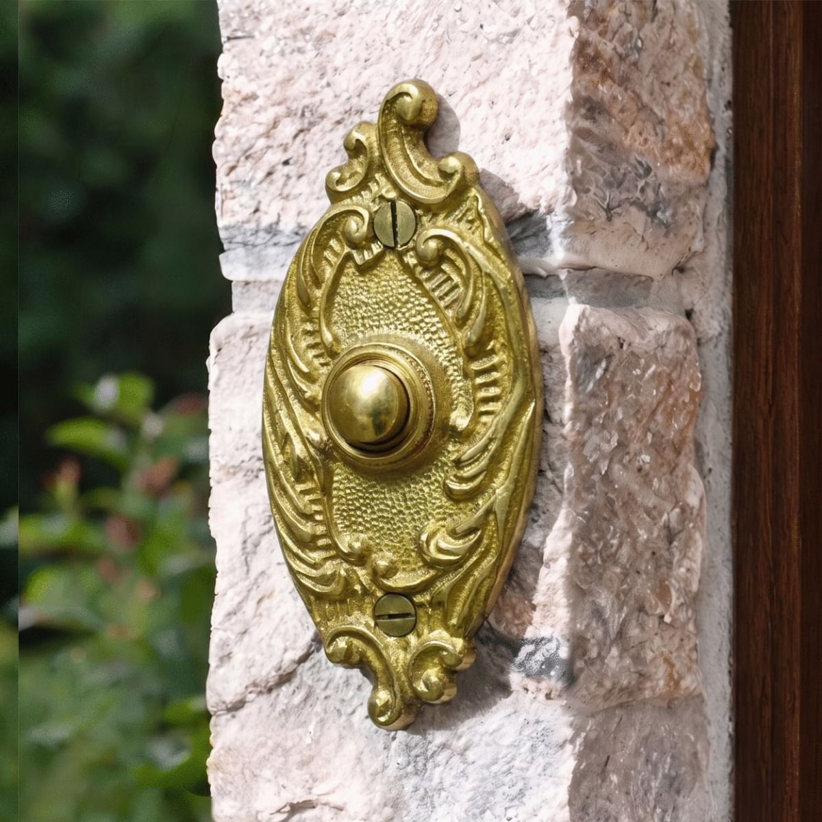 The Clarice Oval Polished Brass Ornate Bell Push by a Front Door of a Country Home - Digital Illustration