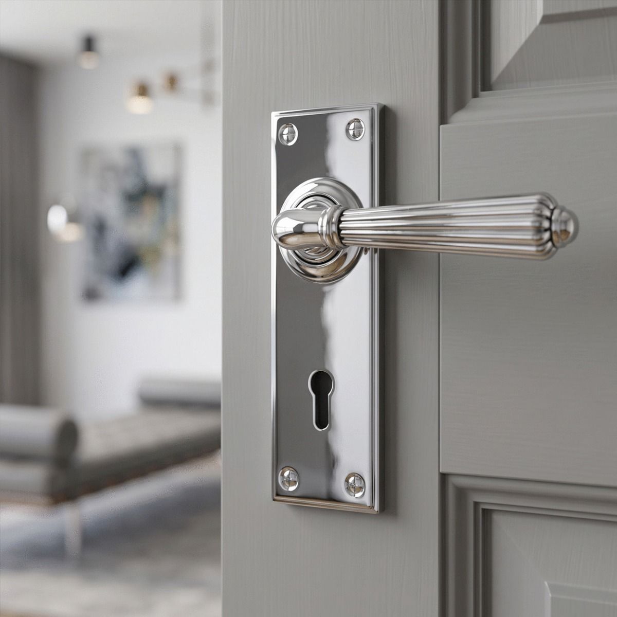 The Classic Fluted Period Lever Lock Suite Architectural Door Handle Set in Polished Chrome on a Door Leading to a Modern Living Room - Digital Illustration 