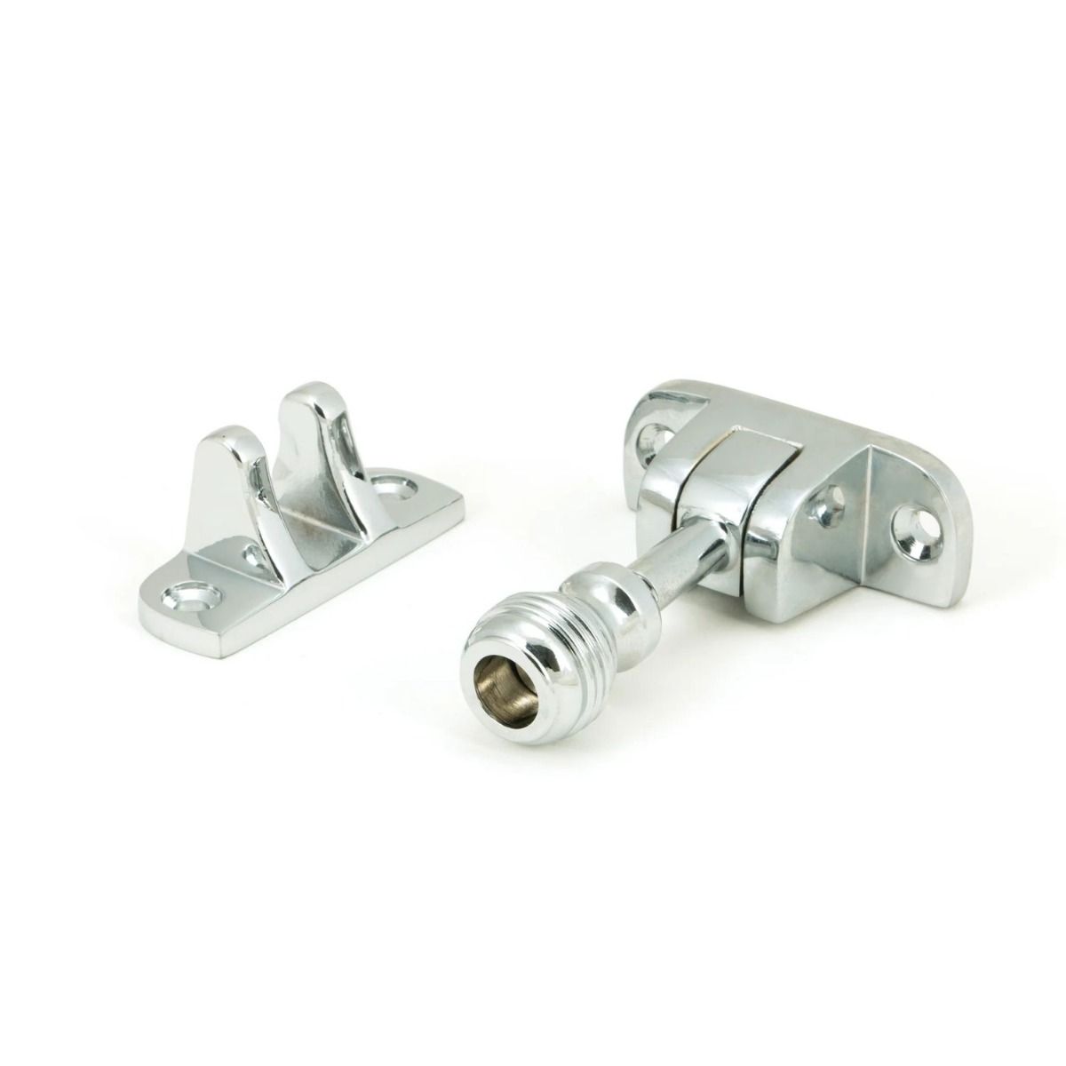 The Classic Reeded Brighton Sash Window Fastener in Polished Chrome on a White Background 