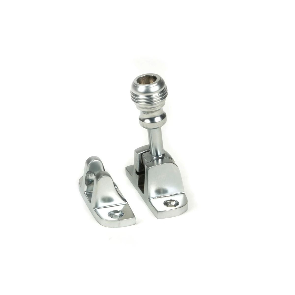 The Classic Reeded Brighton Sash Window Fastener in Satin Chrome Shown Upright 