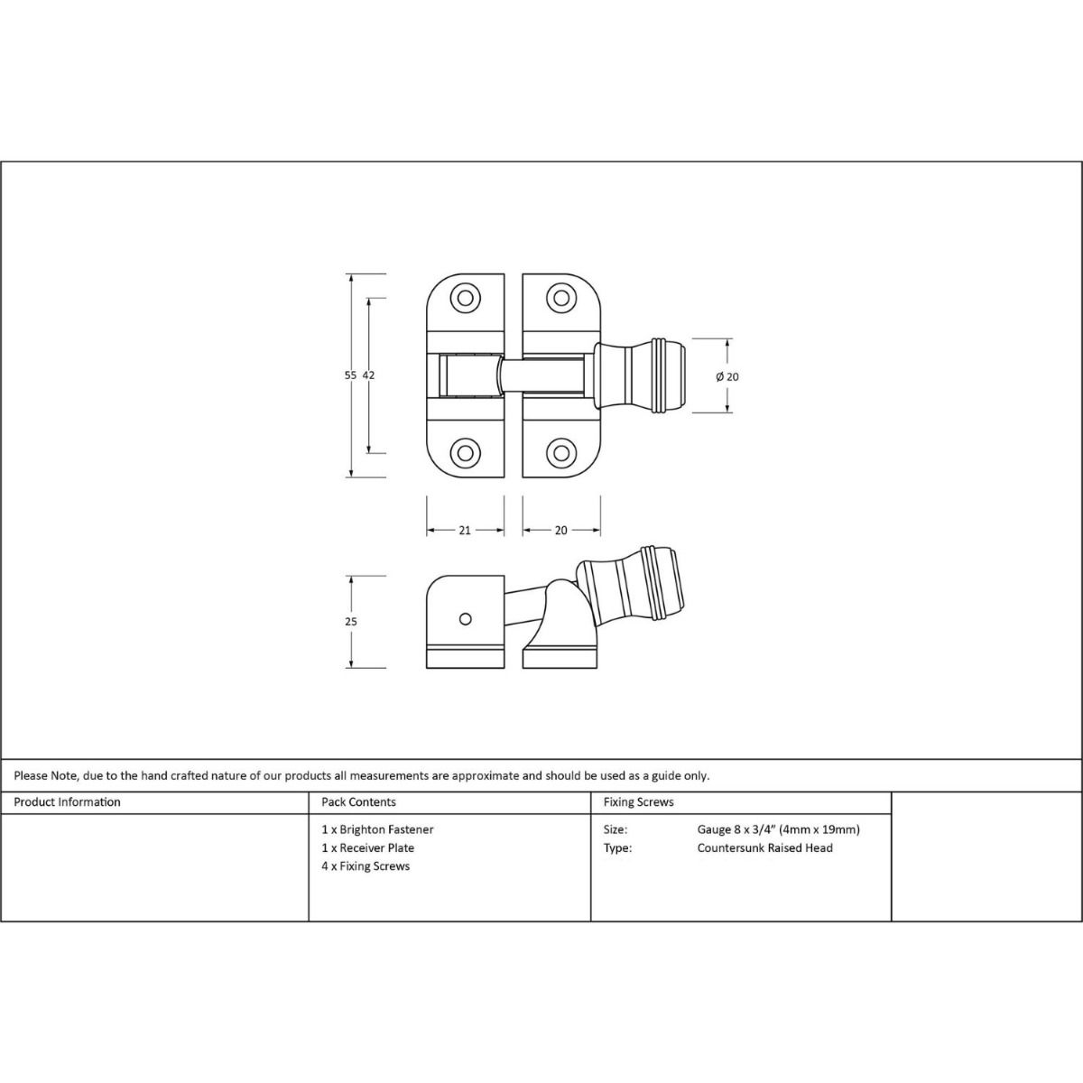 The Classic Reeded Brighton Sash Window Fastener in Satin Chrome Technical Drawings and Dimensions 