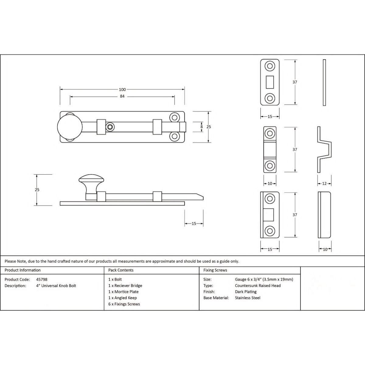 The Classic Straight Window Bolt 4" Technical Drawings with Dimensions