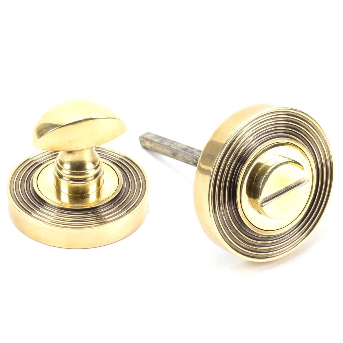 The Concealed Beehive Bathroom Turn & Release Set - Aged Brass Showing the Front and the Back 