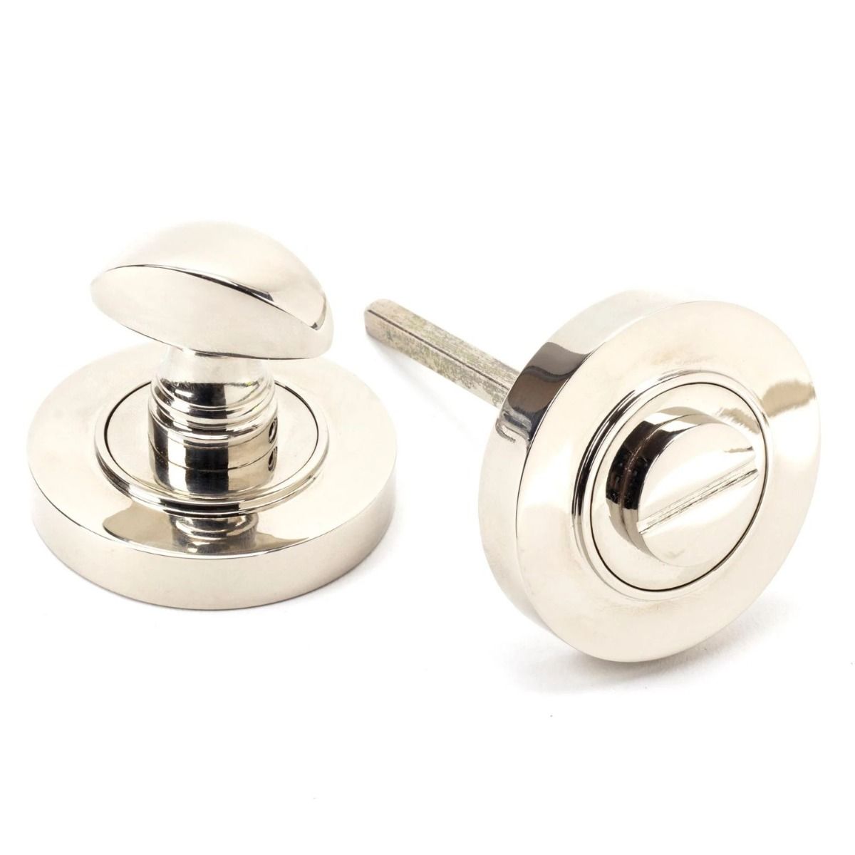 The Concealed Plain Bathroom Turn & Release Set - Polished Nickel Showing the Front and the Back 