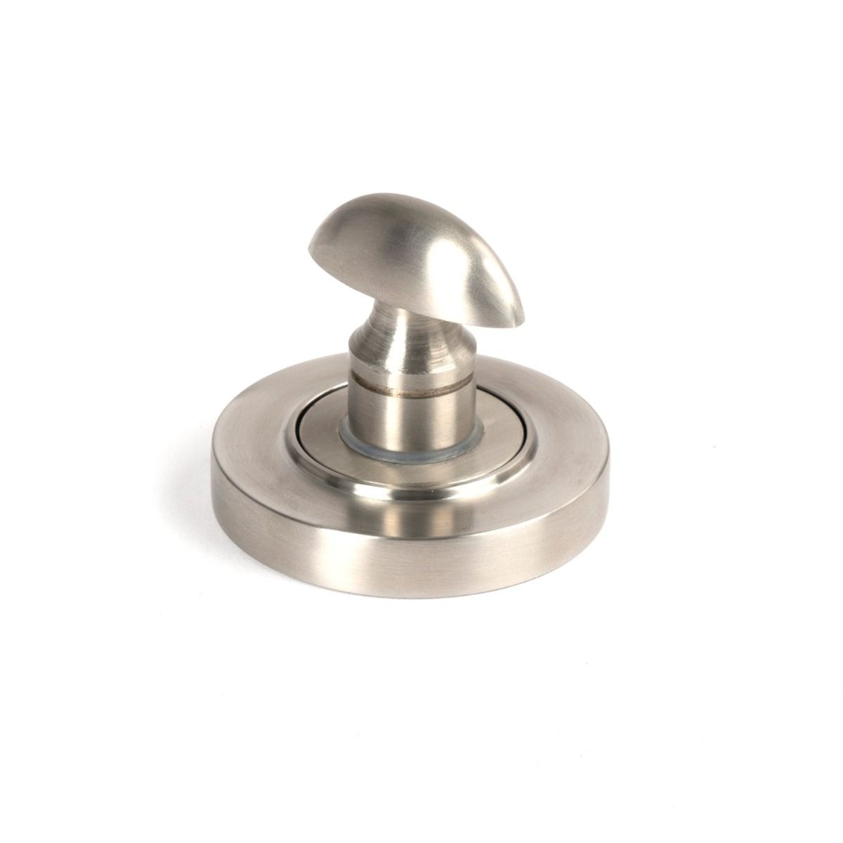 The Concealed Plain Bathroom Turn & Release Set in Satin Stainless Steel Showing a Close up of the Thumb Turn on a White Background