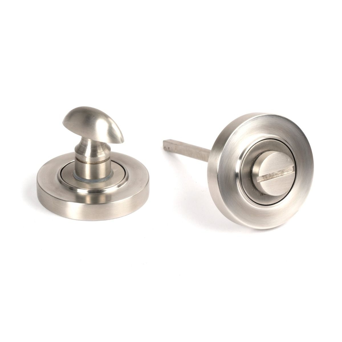 The Concealed Plain Bathroom Turn & Release Set in Satin Stainless Steel Showing the Front and the Back Section Side by Side