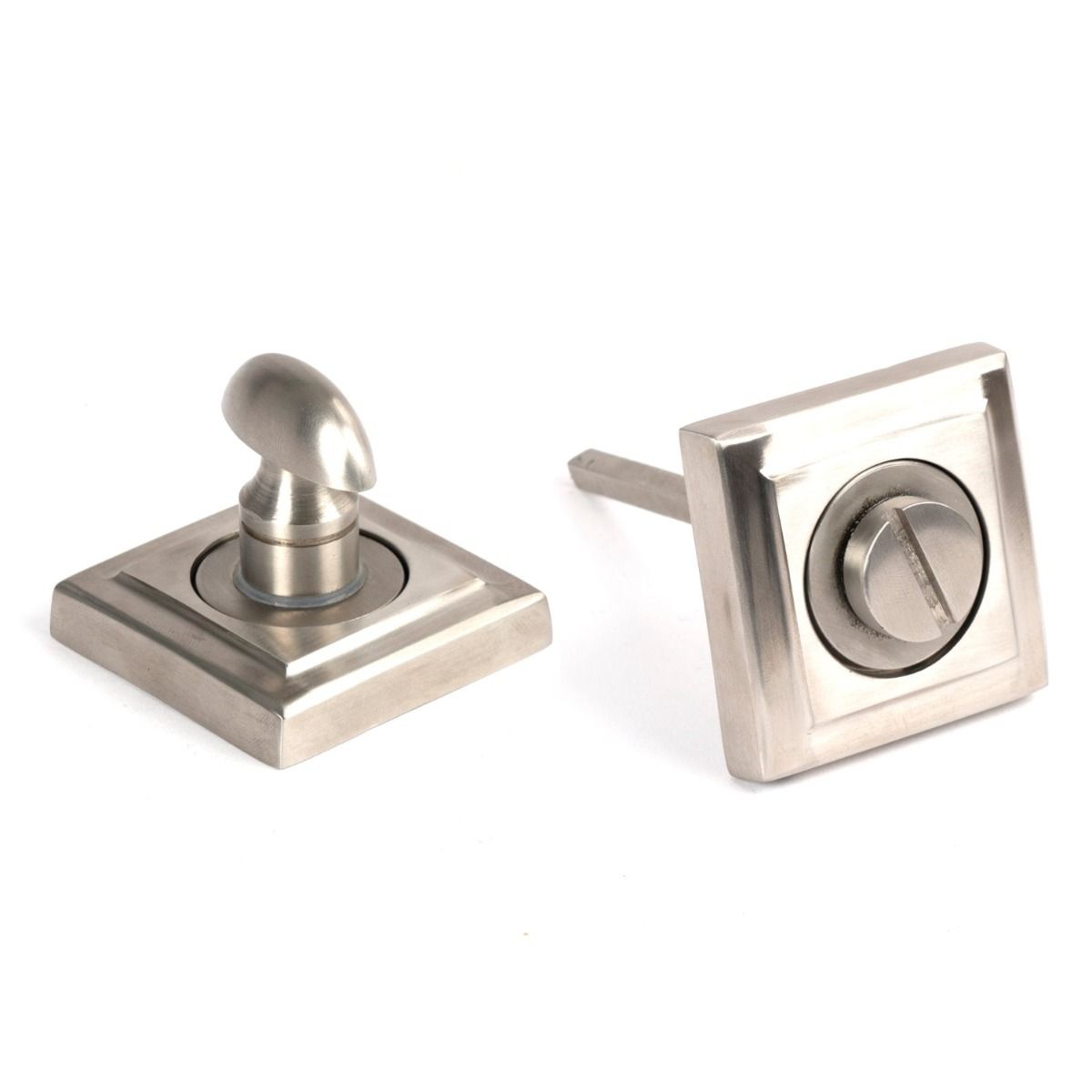 The Concealed Square Bathroom Turn & Release Set in Satin Stainless Steel Showing the Front and the Back Section Side by Side