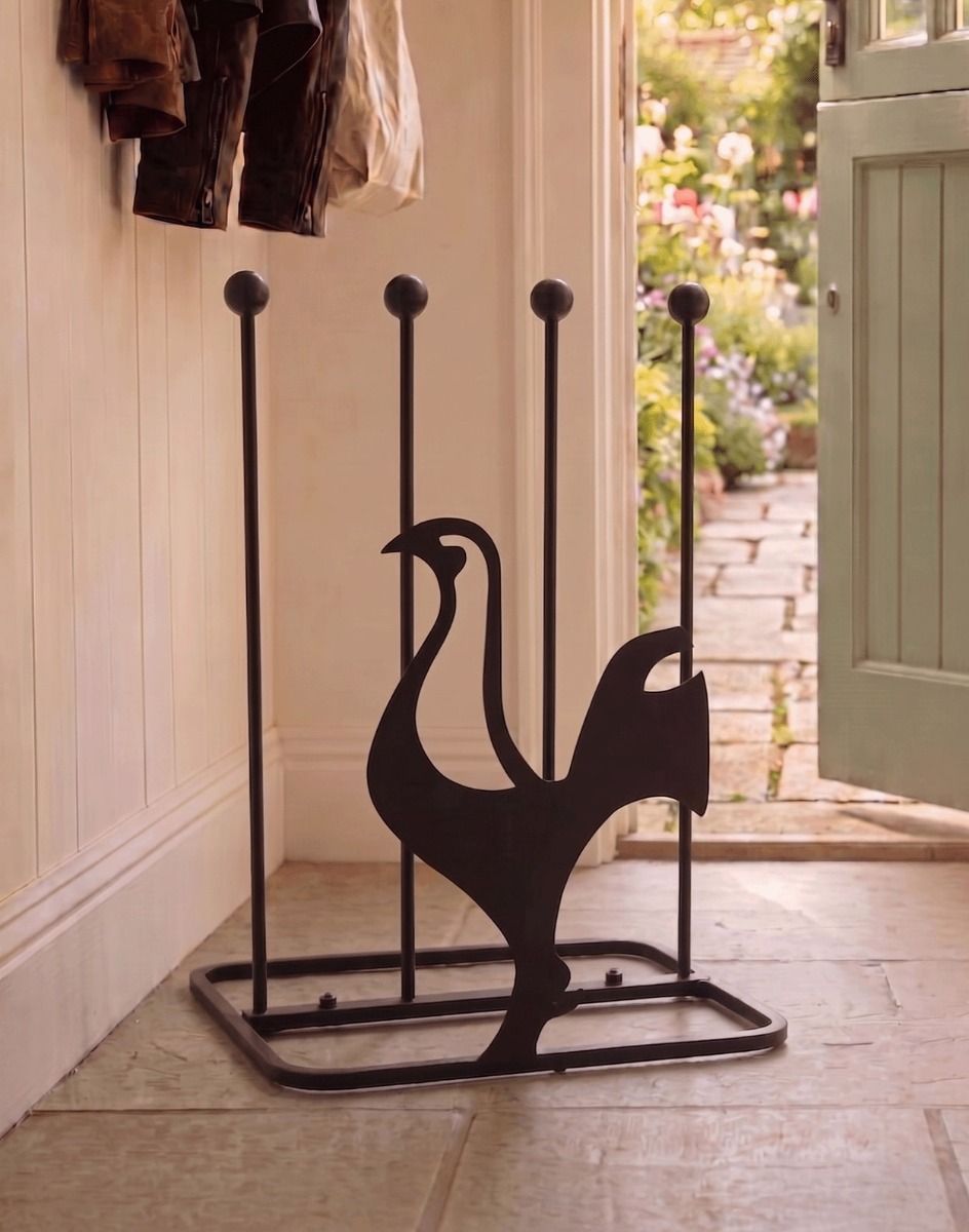 The Contemporary Cockerel Steel Boot Rack on a Stone Tile Floor in a Hallway - Digital Illustration 