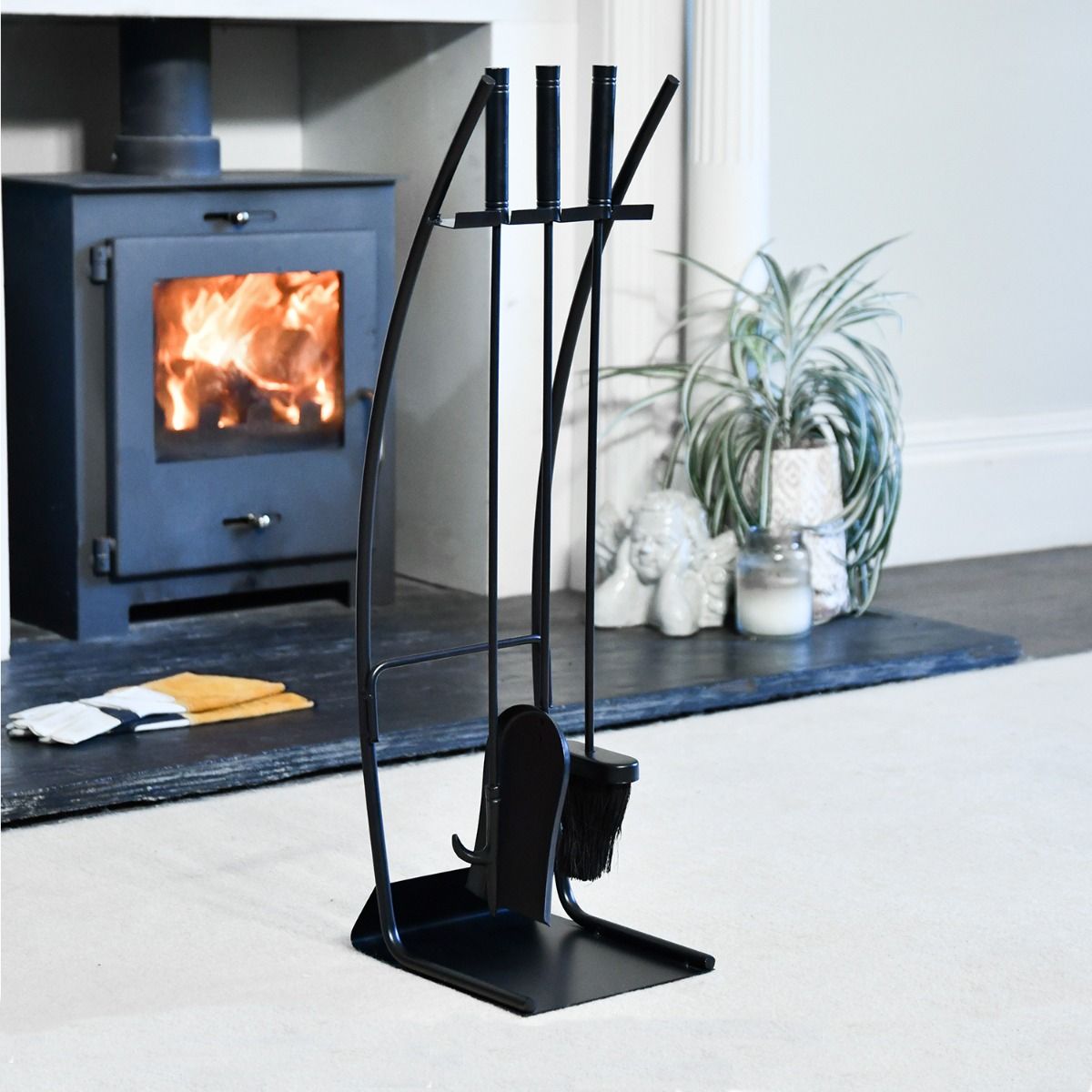 The Contemporary Curved Fireside Companion Set with a Wood Burner Stove Behind - Digital Illustration