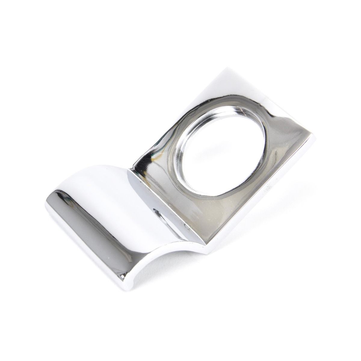 The Contemporary Curved Rim Cylinder Pull in Polished Stainless Steel on a White Background Shown at an Angle