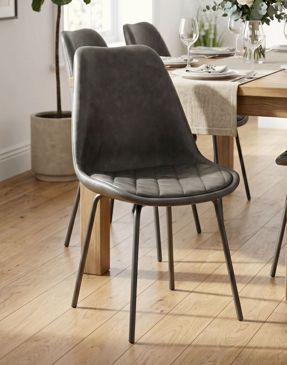 The Contemporary Grey Leather Dining Chair Next to a Solid wooden Table in a Modern Home - Digital Illustration