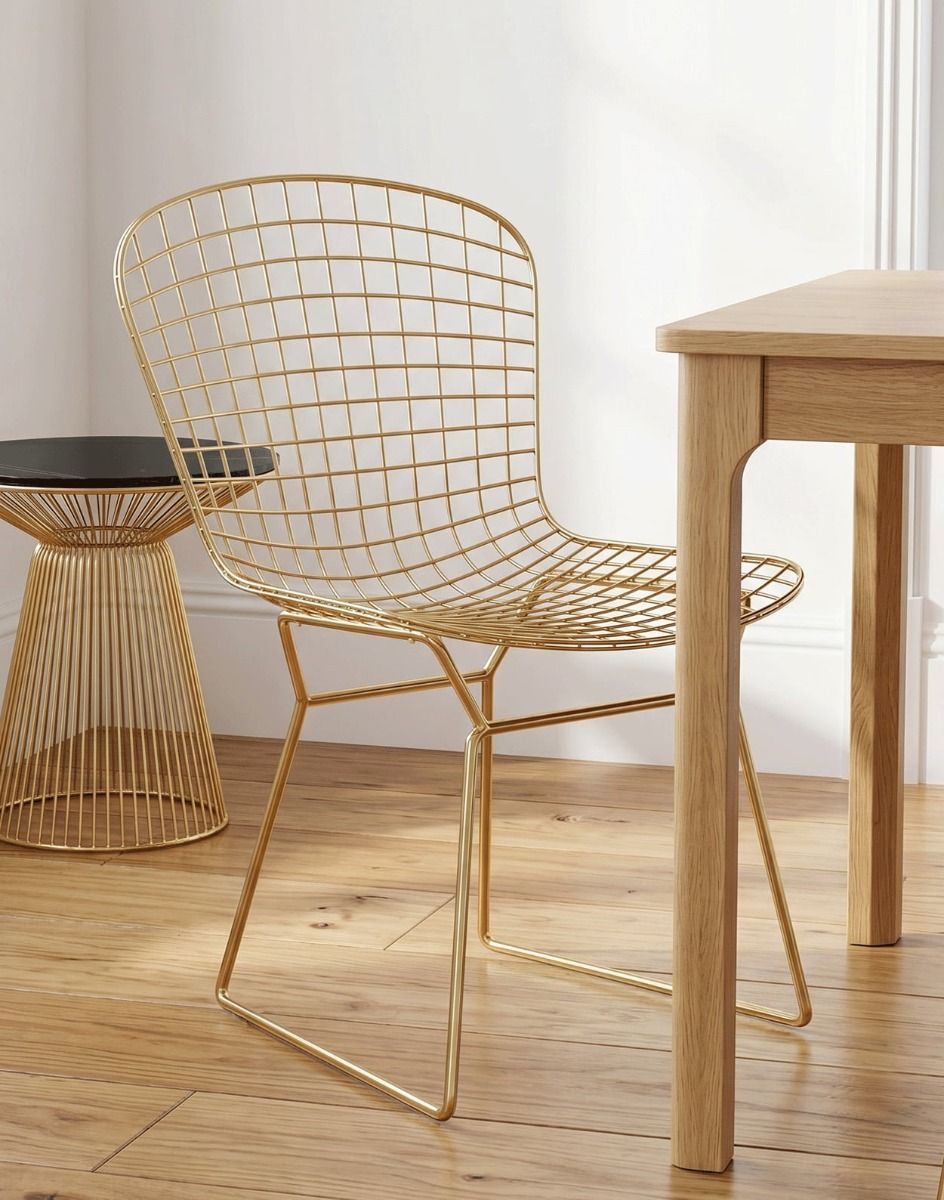 The Contemporary Square Gold Chair next to a Dining Room Table in a Contemporary Home - Digital Illustration