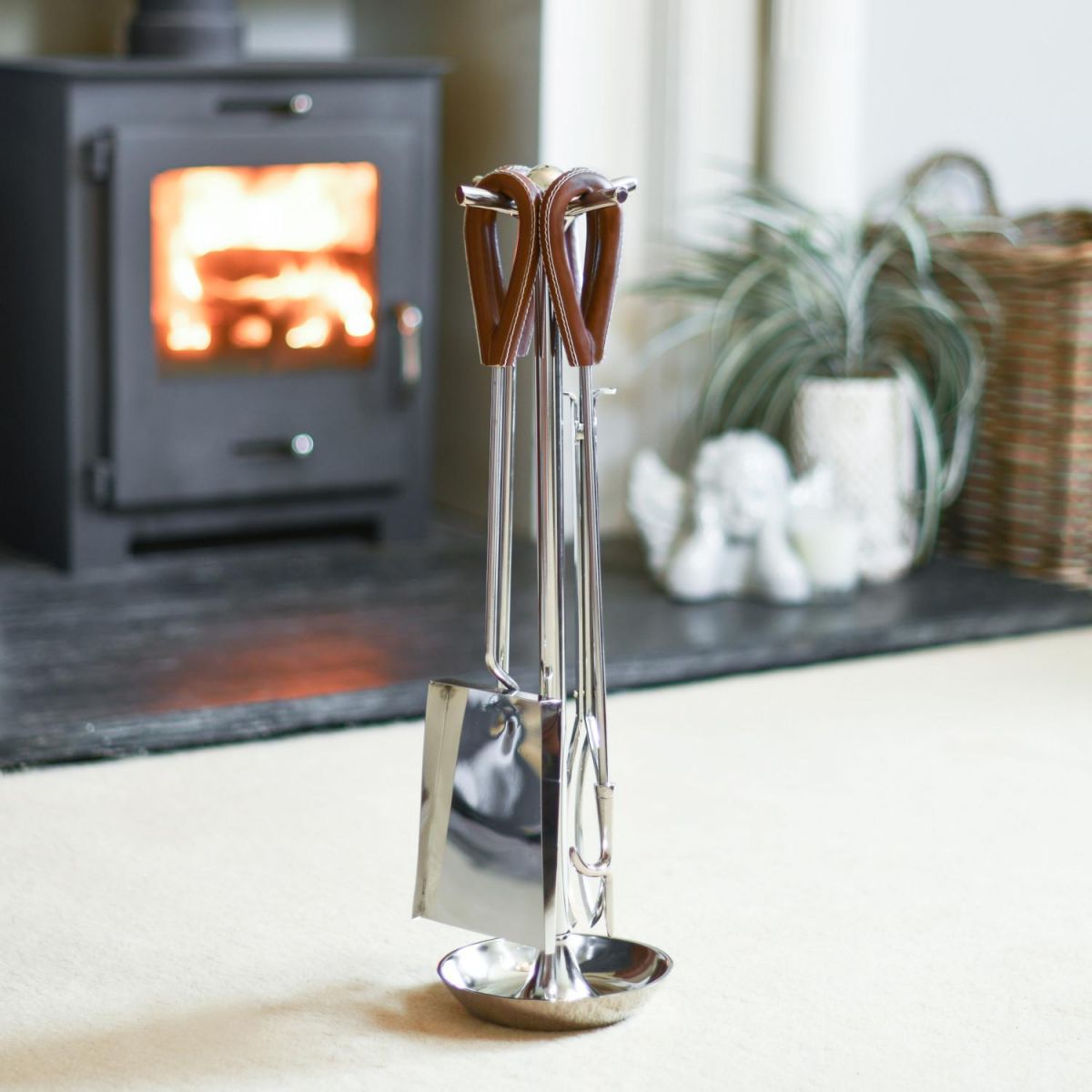 "The Contra" Companion Set With Leather Handles In A Fireside Setting