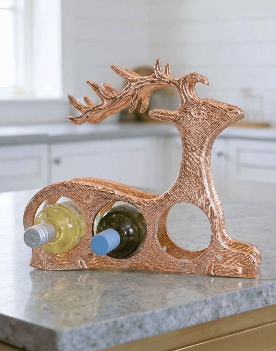 The Copper "Laying Stag" Wine Rack Displayed with Wine Bottles Inserted in a Modern Kitchen - Digital Illustration