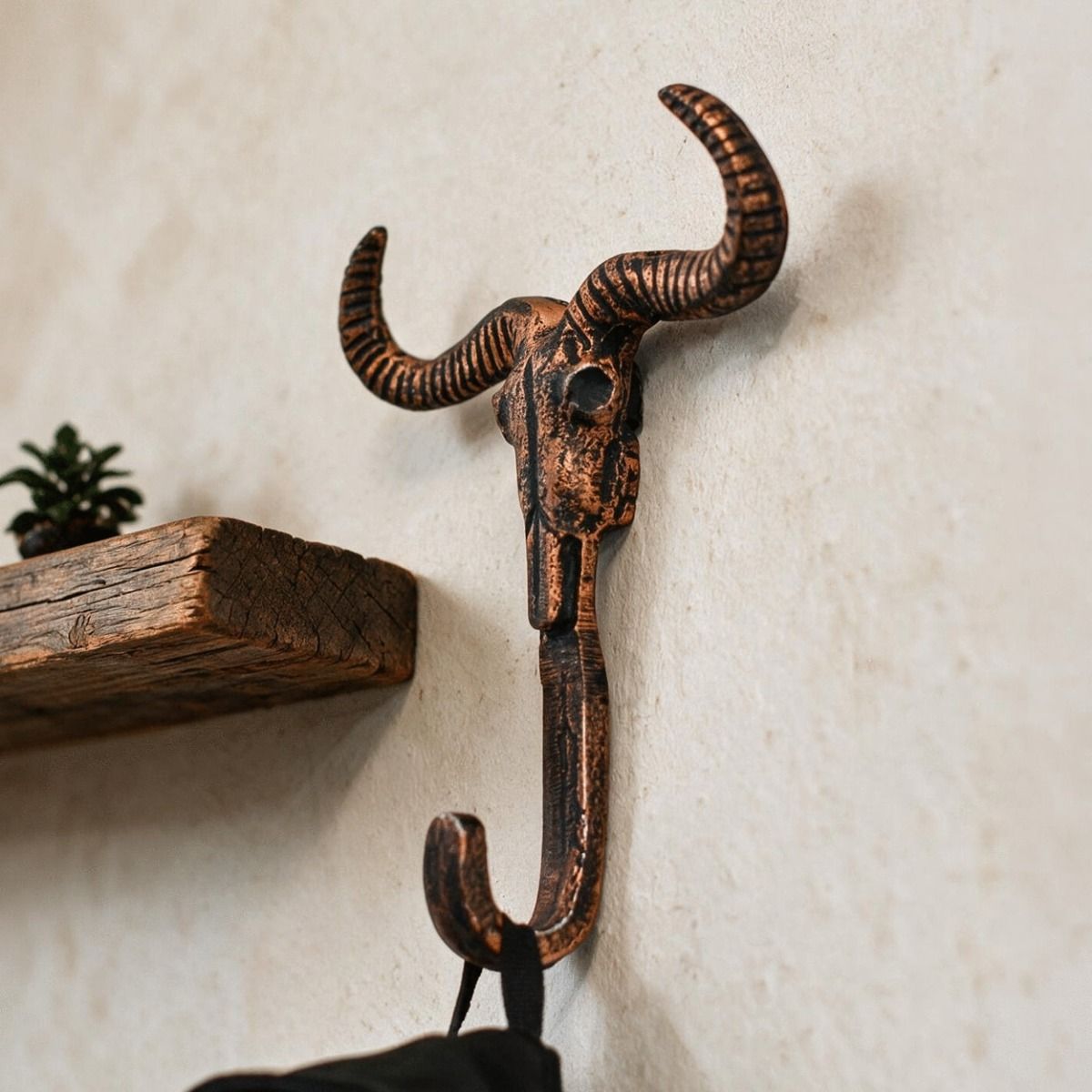 The Copper Longhorn Hook Mounted on a Wall next to a Shelf in a Modern Home - Digital Illustration 
