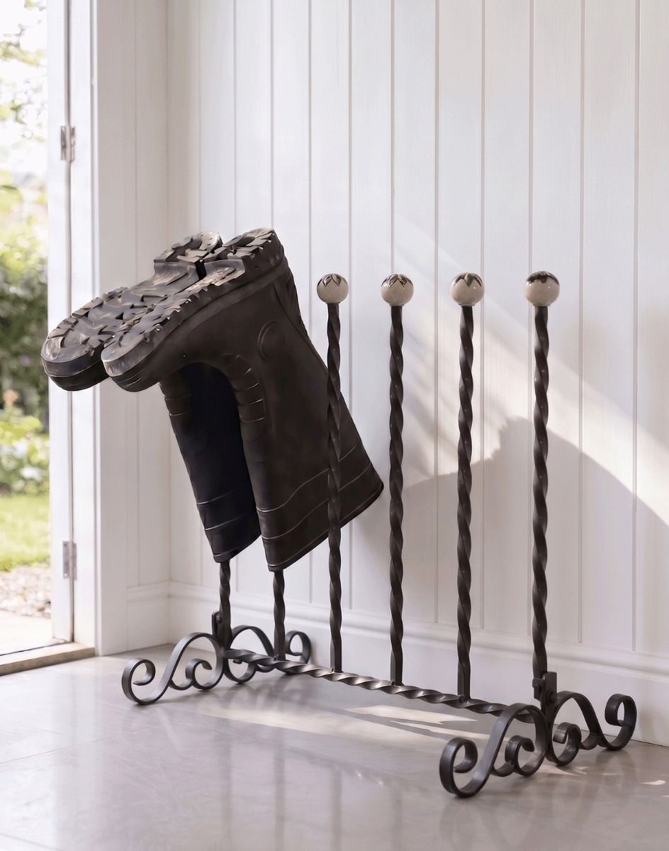 The County Glenbrock Black Boot Rack Placed in the Entrance of a Contemporary Cottage Porch - Digital Illustration 
