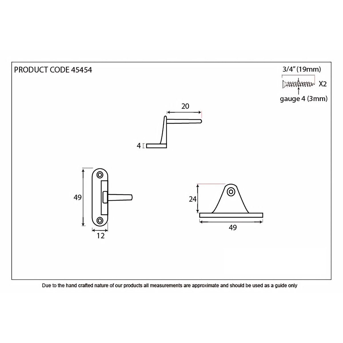 The Cranked Window Peg Rest in Aged Brass Technical Drawings and Dimensions