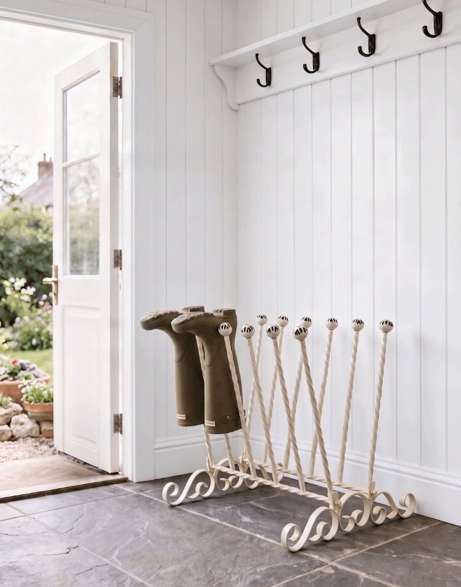 The Cream Hollinbury 6 Pair Boot Rack Placed in a Contemporary Garden Porchway Entrance - Digital Illustration 