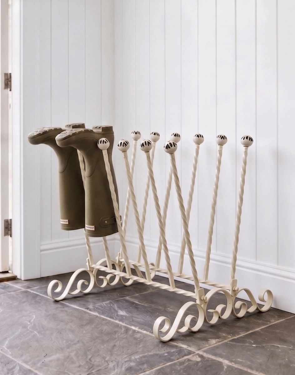 The Cream Hollinbury 6 Pair Boot Rack Placed in a Contemporary Garden Porchway Entrance Close up View - Digital Illustration 