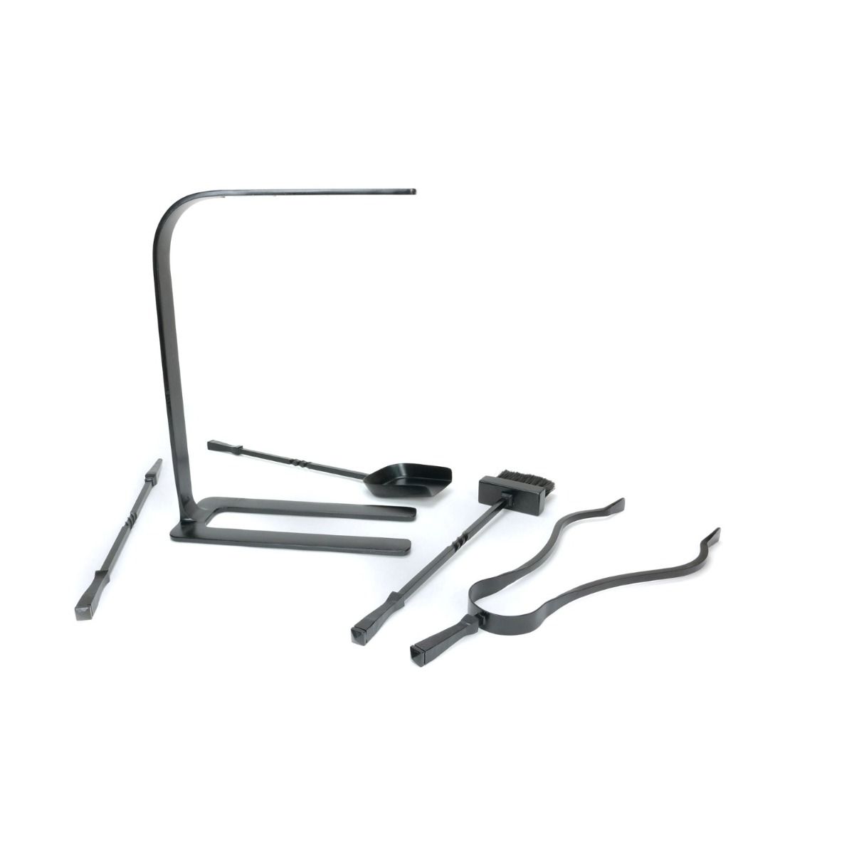 The Crescent Fireside Companion Set with Classic Handles in Matt Black Shown laid out on a White Background