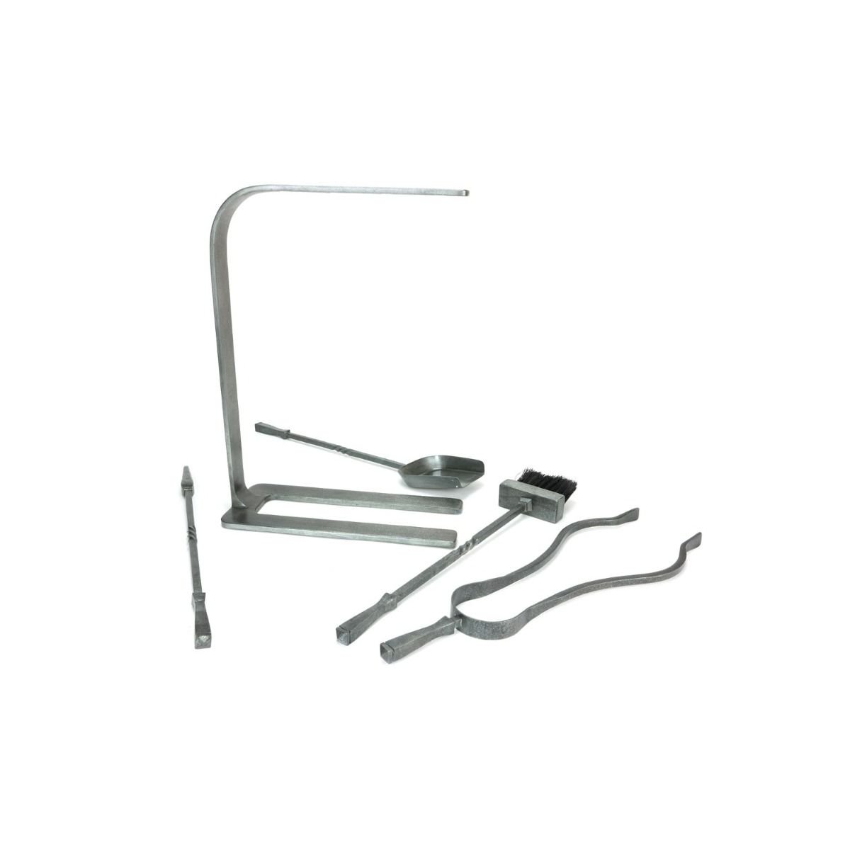 The Crescent Fireside Companion Set with Classic Handles in Pewter Shown laid out on a White Background