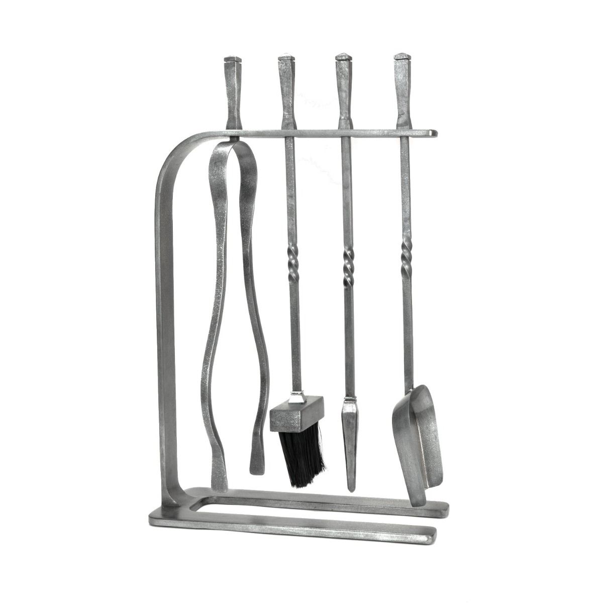 The Crescent Fireside Companion Set with Classic Handles in Pewter Shown Stood up on a White Background