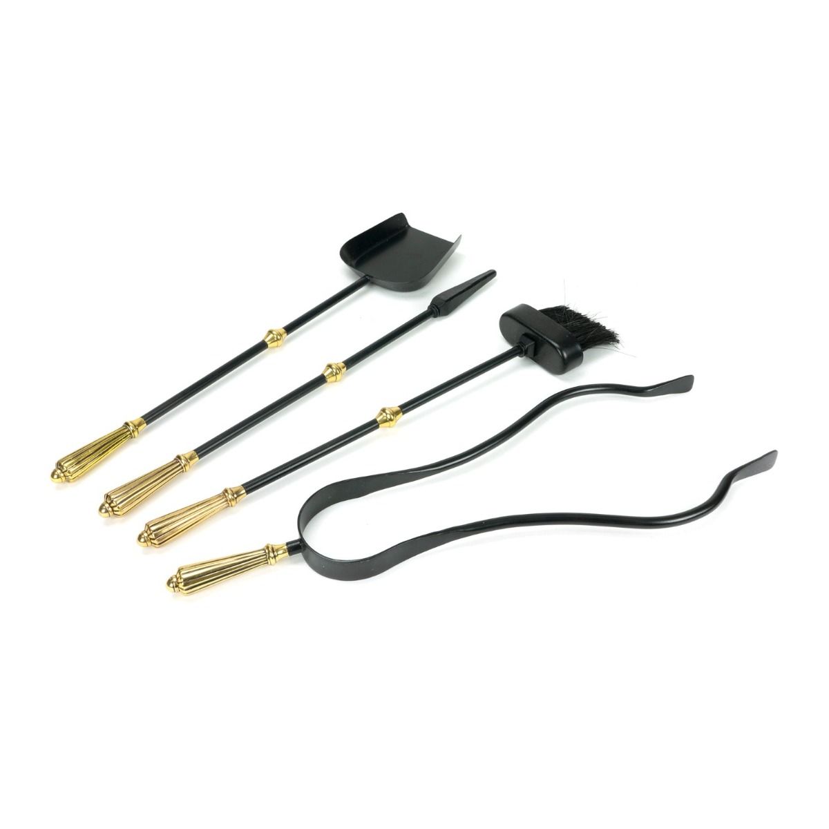 The Crescent Fireside Companion Set with Golden Reeded Handles in Matt Black Showing the Included Tools
