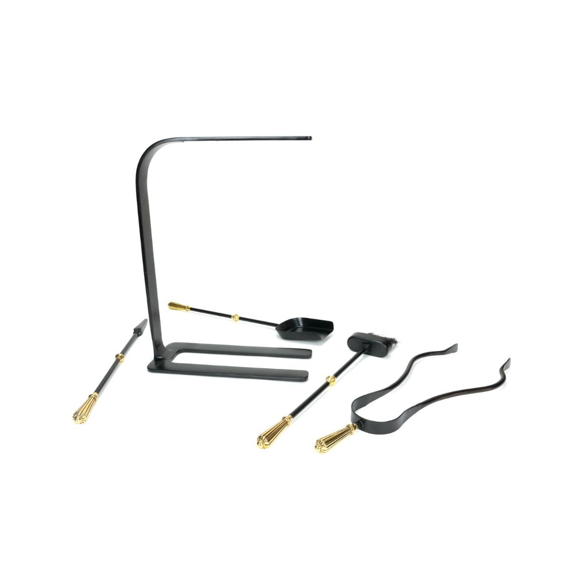 The Crescent Fireside Companion Set with Golden Reeded Handles in Matt Black Shown laid out on a White Background