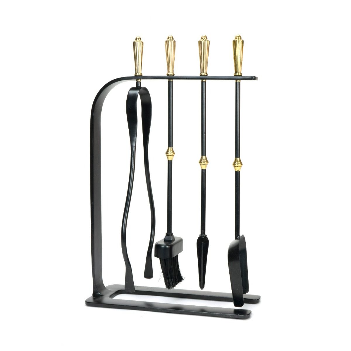 The Crescent Fireside Companion Set with Golden Reeded Handles in Matt Black Shown Stood up on a White Background
