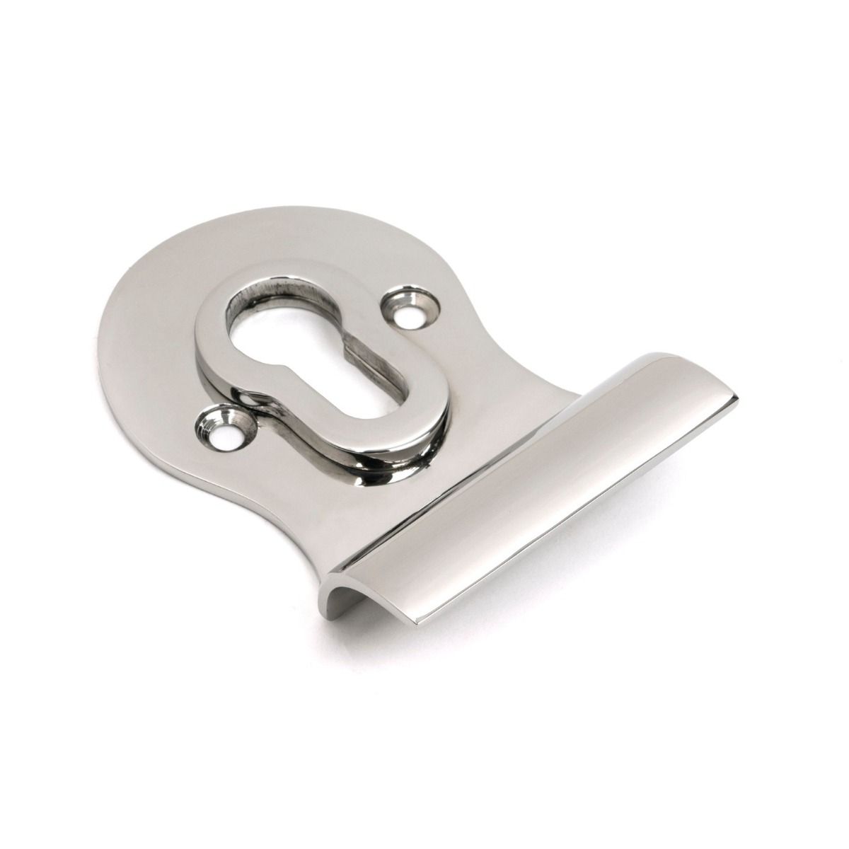 The Curved Euro Cylinder Door Pull Escutcheon in Polished Stainless Steel on a White Background Shown at an Angle