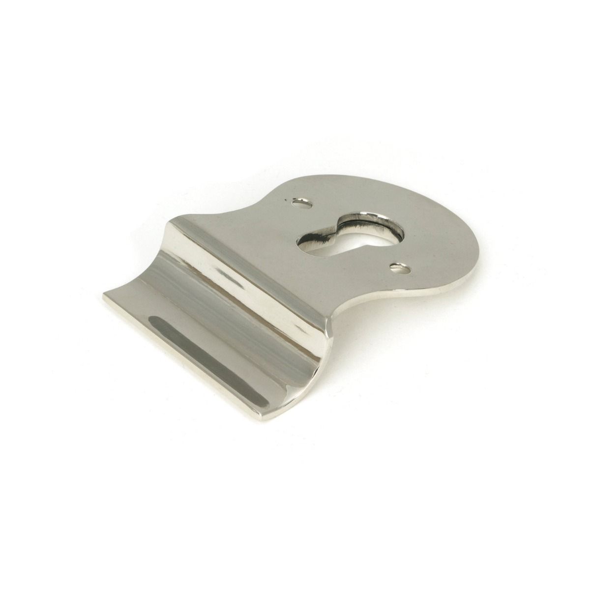 The Curved Euro Cylinder Door Pull Escutcheon in Polished Stainless Steel Shown from Behind
