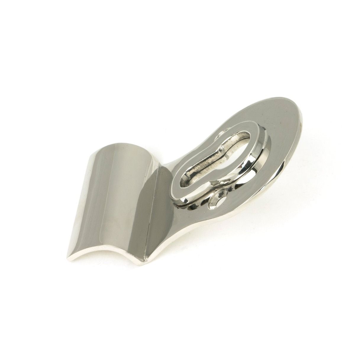 The Curved Euro Cylinder Door Pull Escutcheon in Polished Stainless Steel Shown from the Side