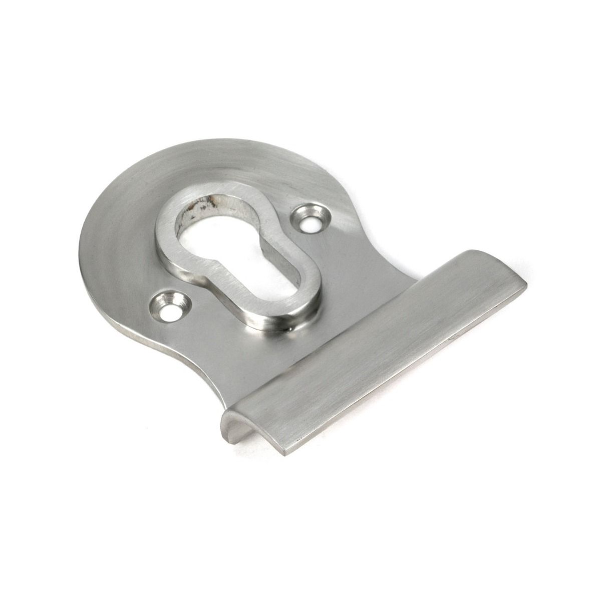 The Curved Euro Cylinder Door Pull Escutcheon in Satin Stainless Steel on a White Background Shown at an Angle
