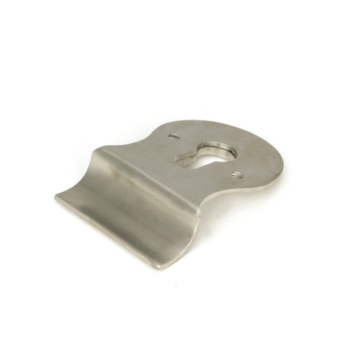 The Curved Euro Cylinder Door Pull Escutcheon in Satin Stainless Steel Shown from Behind