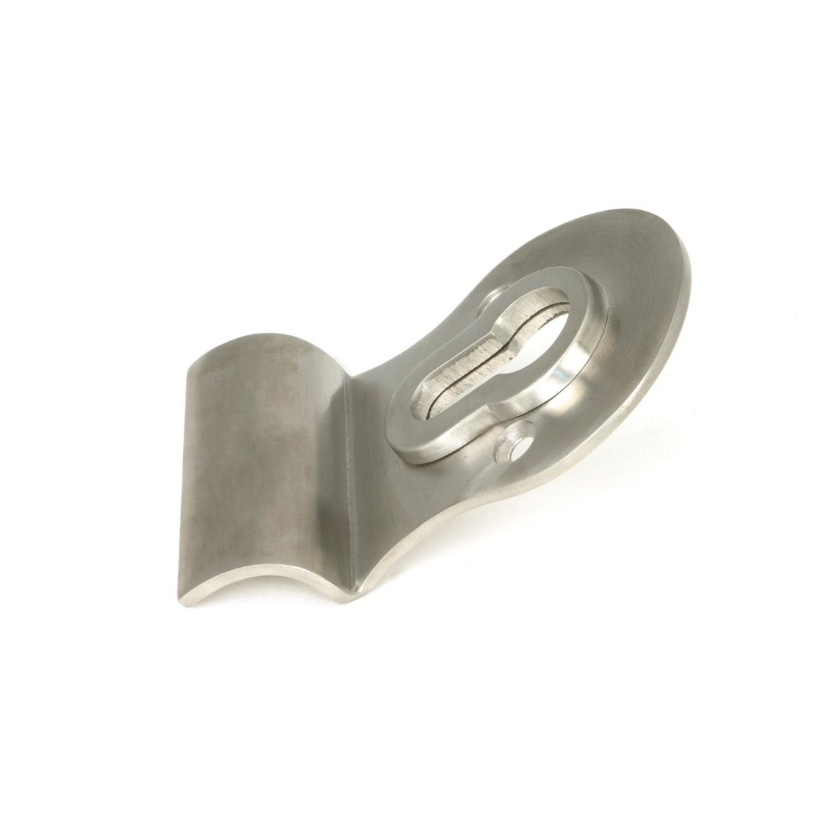 The Curved Euro Cylinder Door Pull Escutcheon in Satin Stainless Steel Shown from the Side