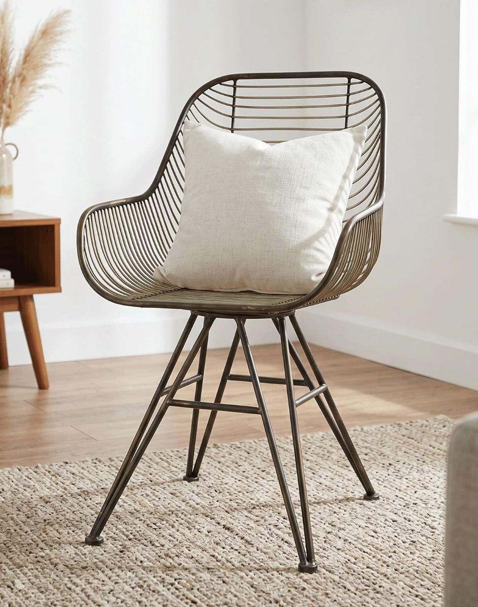 The Curved Industrial Wire Metal Chair Shown with a Cushion on it in a Living Room Interior - Digital Illustration